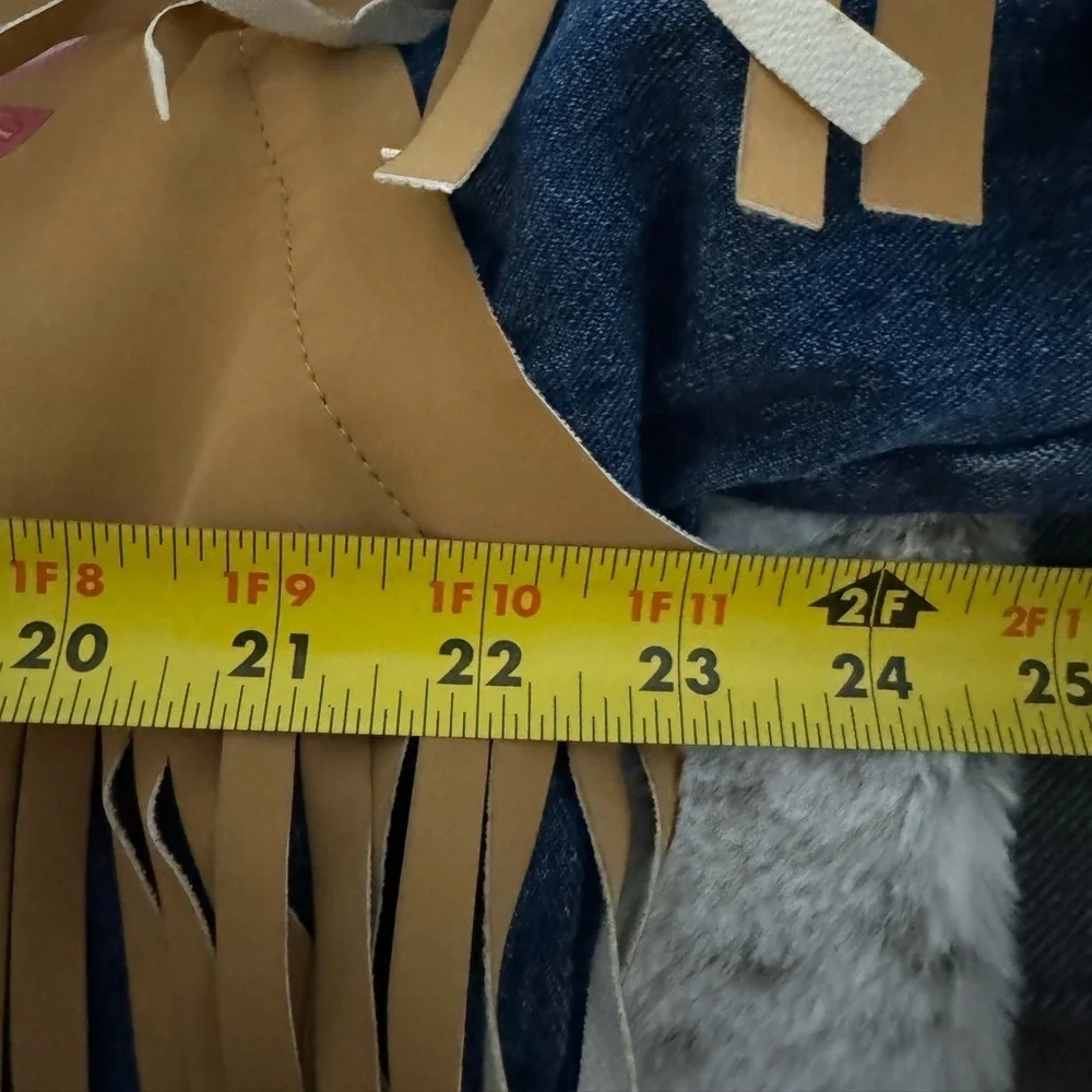 Thunderbird Print Jean Jacket Vegan Leather Fringe Colorful Eagle Western Boho